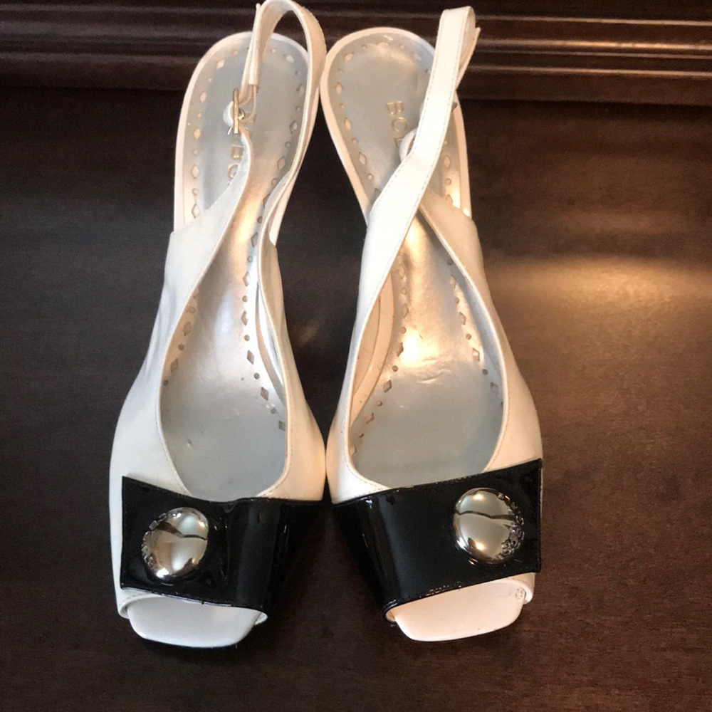 BCBGIRLS black/white open toe heels